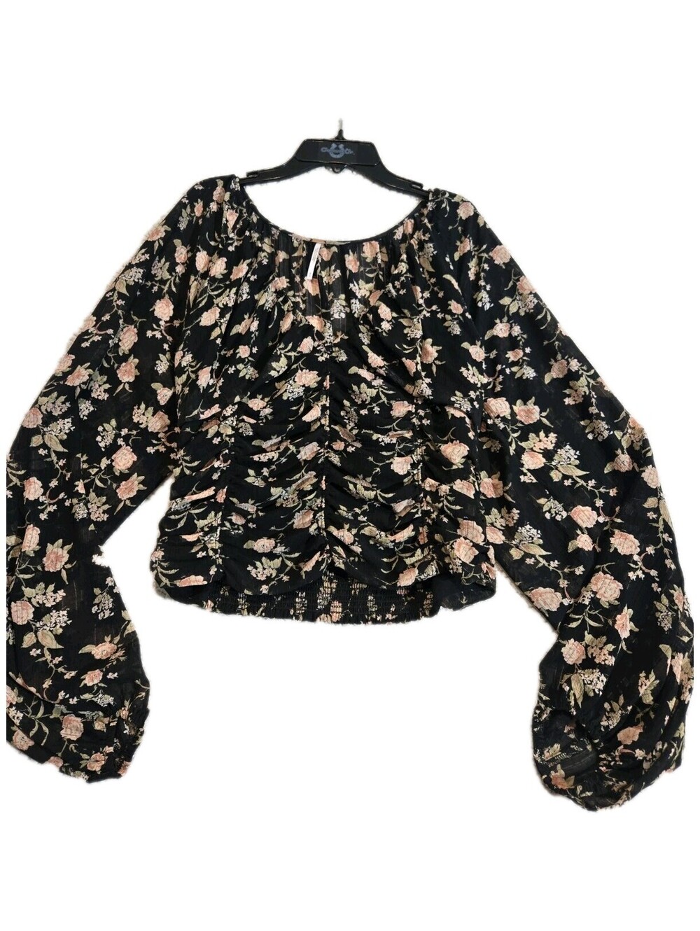 free people top Sz M Final Rose Floral Balloon Sleeve In Black Ruched Smocked